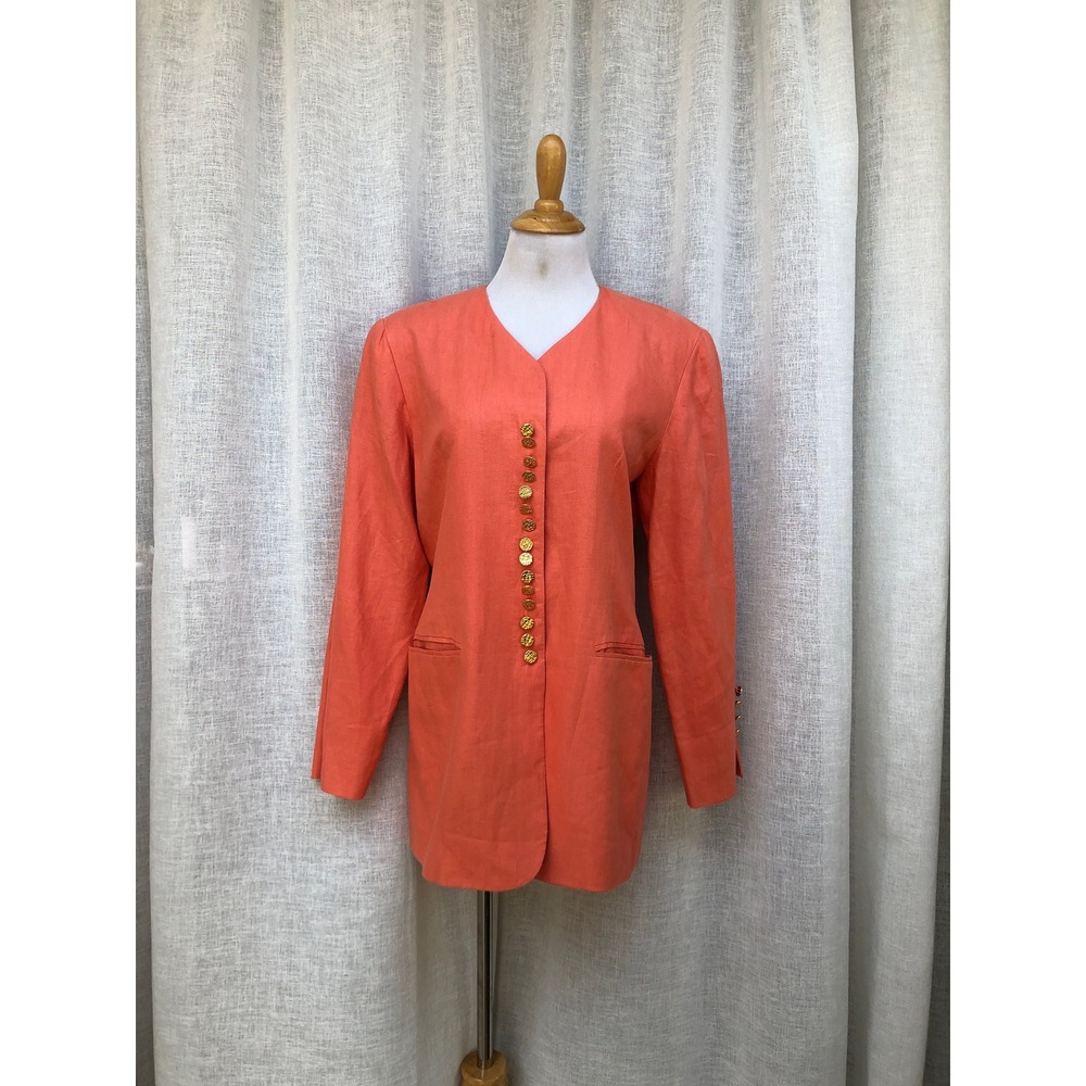 Bloomingdales linen bright orange coral peach blazer button down gold buttons